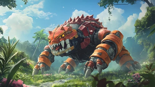 Mechanical quadruped creature moves through dense jungle terrain