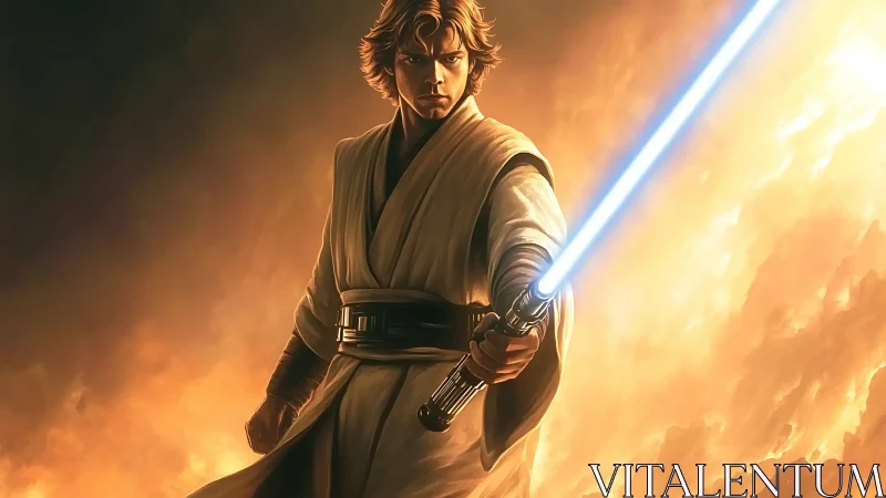 Galactic warrior poised with blue energy blade amid firestorm.