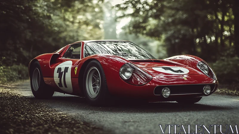 Vintage red race car waits in a tranquil forest roadway