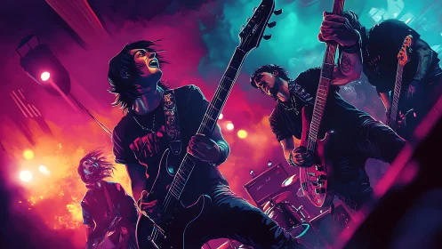 Neon-lit rock band performance rendered in dynamic digital painting