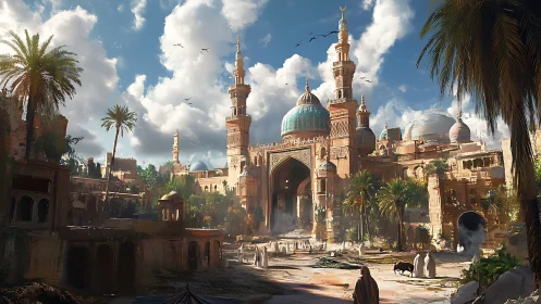 Sunlit desert city gathers around a grand turquoise mosque