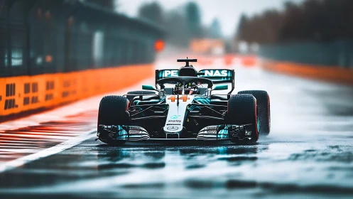 Wet-track Formula One chassis under dynamic rain load testing.