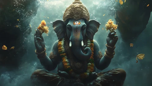 Gentle elephant deity rests in glowing underwater serenity
