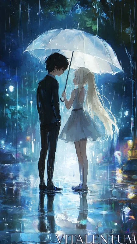 Anime couple under umbrella in rainy neon city night.