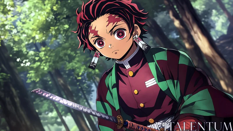 Determined anime swordsman stands ready in sunlit forest.