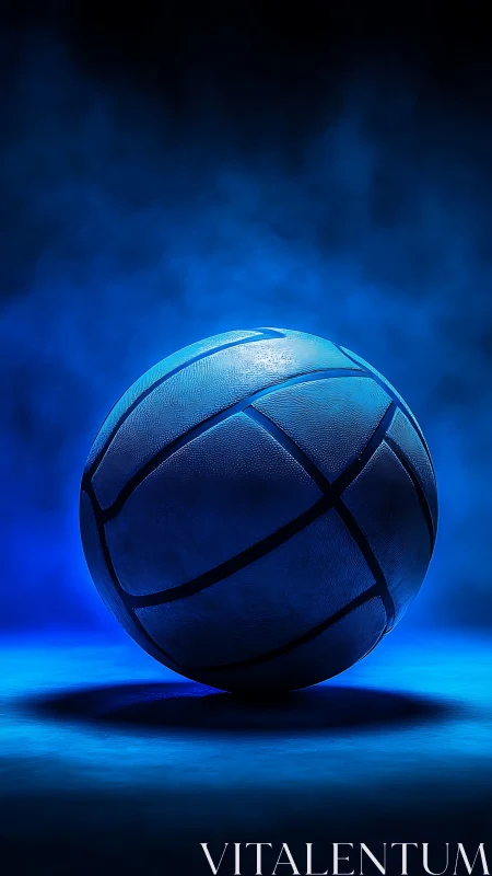 Monochrome basketball on illuminated blue surface background.