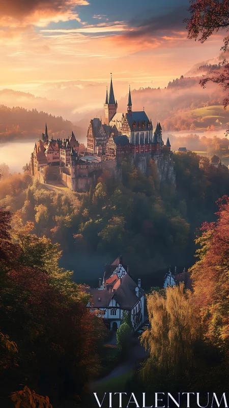 Hilltop castle above valley village in autumn light.