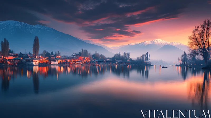 Alpine lakeside town glows under cinematic dusk reflections
