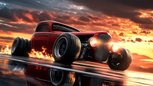 Flaming red hot rod drifts across reflective asphalt at sunset.