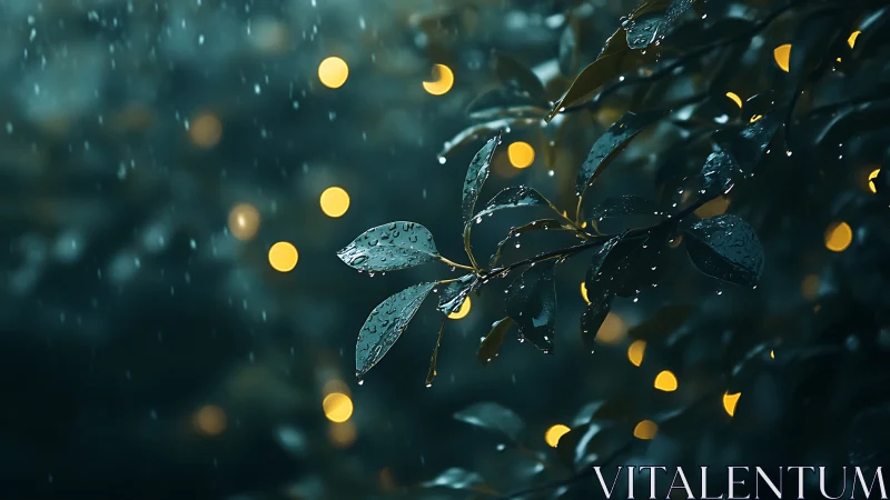 Soft rain kisses glossy leaves beneath gentle golden lights