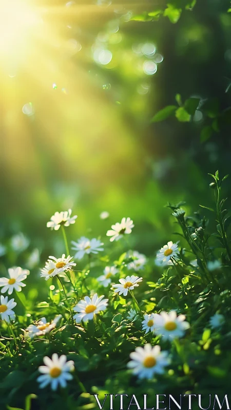 Sunlit meadow daisies basking in a gentle golden glow.