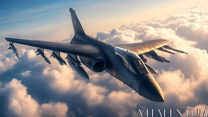 Sleek strike fighter cutting through sunlit cloud decks.