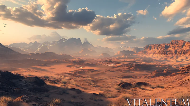 Sunlit desert valley stretching toward distant hazy peaks.