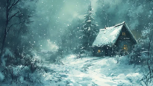 Snowbound forest cabin glows with warm inviting winter light.