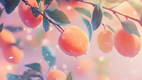 Sunlit dewy apricots hang on soft-focus pastel branches