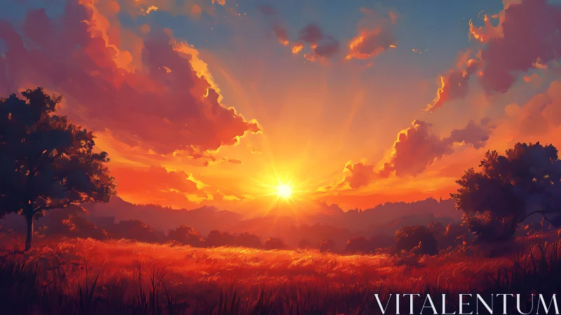 Radiant sunset over wind-swept meadow with silhouetted trees