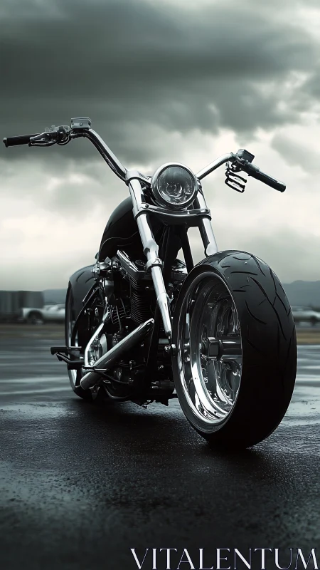 Custom chrome chopper on wet asphalt under stormy clouds.