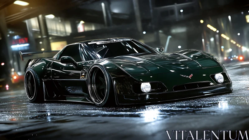 Midnight street predator Corvette hunting neon reflections.