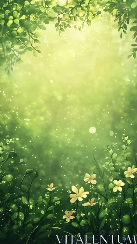 Sunlit forest glade rendered in soft-focus digital painting