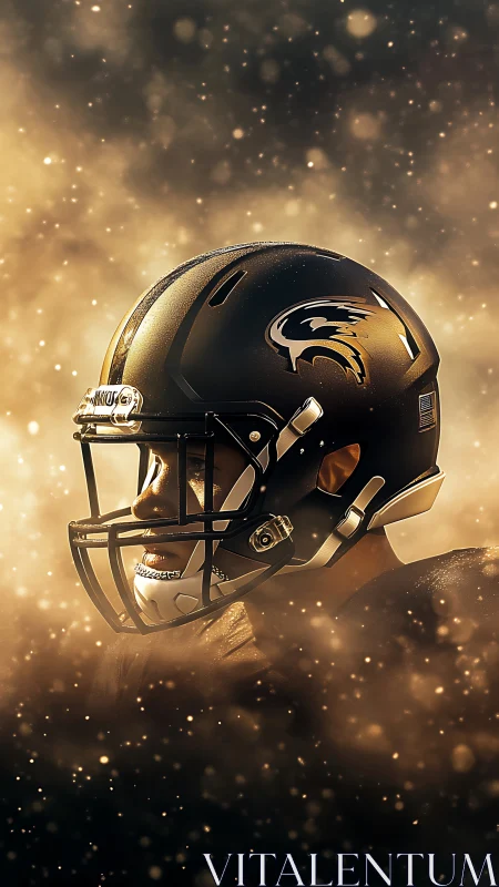 Bold football player stands ready under glowing stadium lights