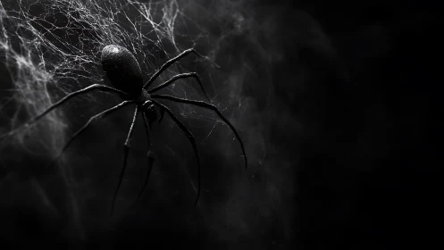 Macro spider on web in low key monochrome lighting study.