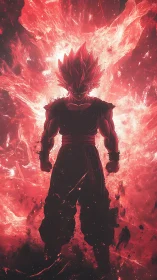 Silhouetted anime warrior in red fiery energy field.