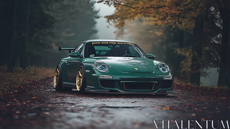 Green Porsche sports car sits low on wet forest road