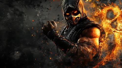 Hooded warrior with fiery eyes in dark inferno scene.