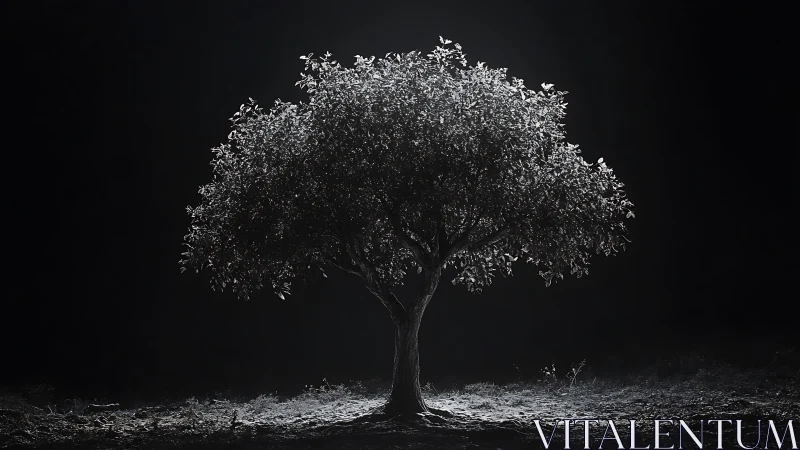 Solitary illuminated tree stands in dramatic moonlit darkness.