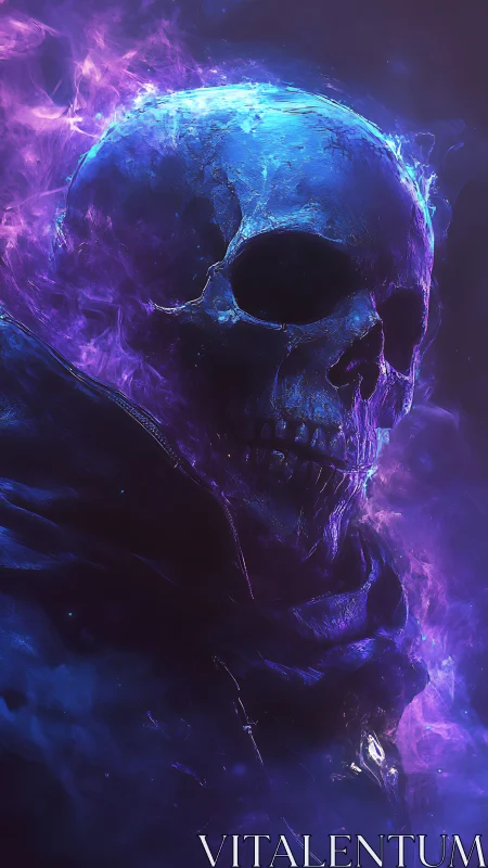 Blue skeletal figure surrounded by purple luminous vapor.