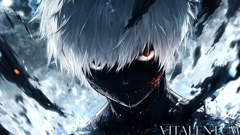 White-haired masked figure with red eyes in dynamic burst.