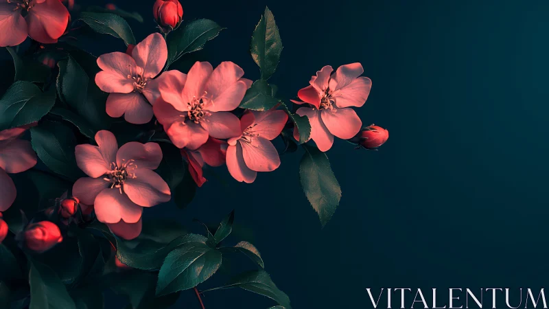 Coral Blossoms Against Deep Teal.