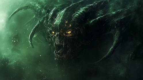 Demonic void leviathan emerges from toxic emerald mists.