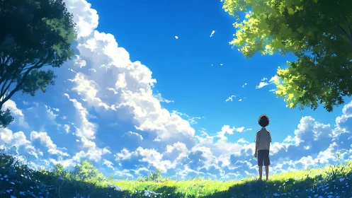 Solitary child in open field under expansive cloudscape.