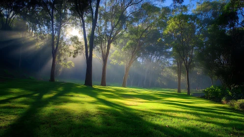 Morning sunlight casting long shadows across forest lawn.
