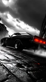 Low-angle muscle car burnout on wet cobblestone street at dusk