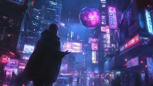Neon sorcerer beneath luminous orb in cyberpunk rainstorm.