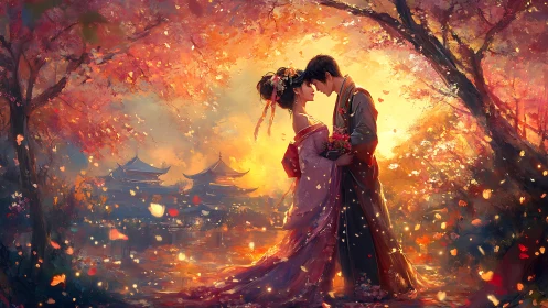Two souls share a tender moment beneath glowing autumn trees