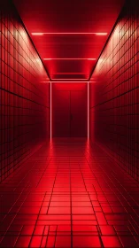 Scarlet neon corridor framing a mysterious sealed doorway.