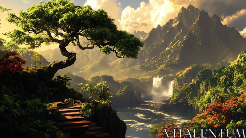 Sunlit bonsai path above mythic waterfalls and emerald peaks.