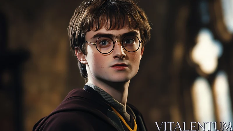 Young wizard student gazes ahead in warm castle light.