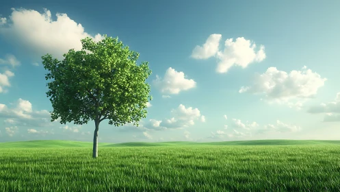 Lone Green Tree in Vast Meadow Under Bright Blue Sky, Realistic Style.