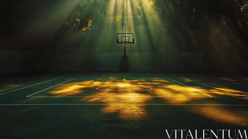 Sunlit outdoor basketball court glows in quiet morning light.