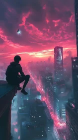 Solitary figure above neon city at vivid magenta sunset.