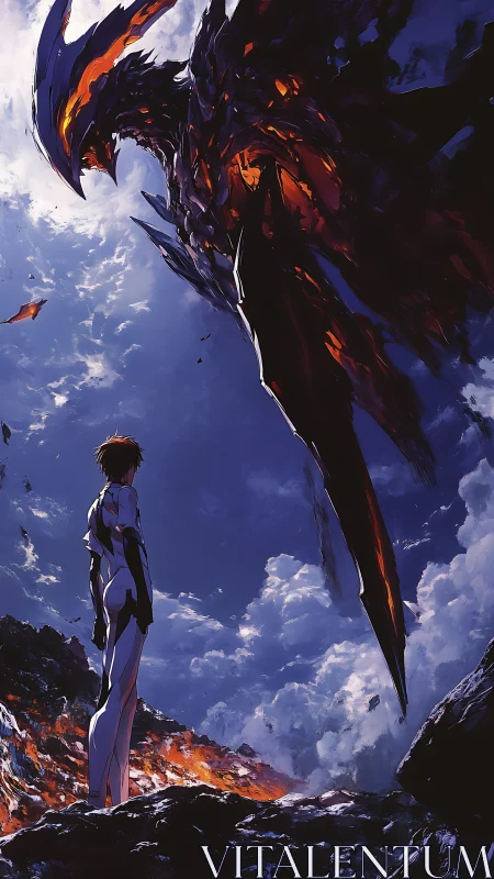 Starlit showdown between lone pilot and molten sky titan.