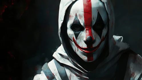 Sinister clown mask figure in white hooded cloak at night.