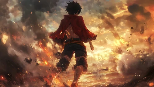 Fiery lone warrior strides through explosive storm horizon.