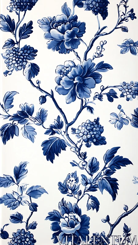 Indigo florals and grapes dance across porcelain stillness.