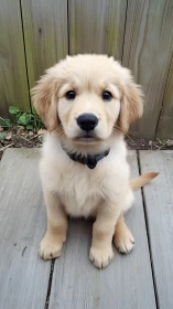 Golden retriever puppy sits on wooden deck facing camera