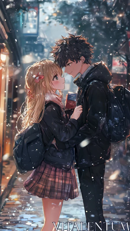 Snow-dusted side street pauses as two shy hearts lean closer